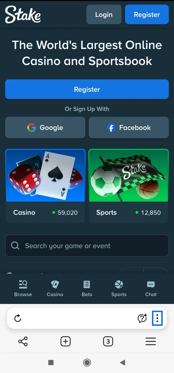 Android browser menu example
