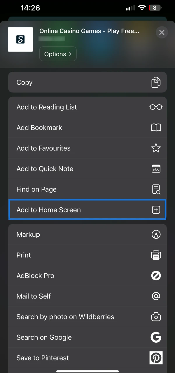 Safari Add to Home Screen menu example
