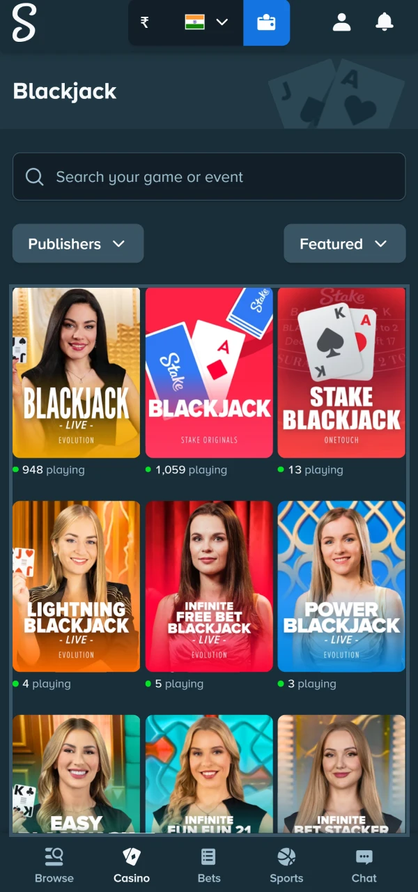 Blackjack game selection screen