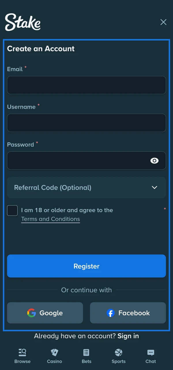 Stake registration screen in the bonus guide