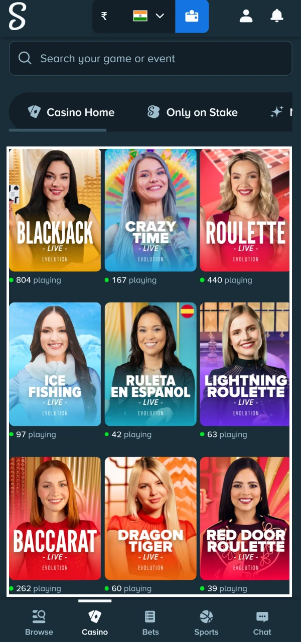 Live casino game selection screen