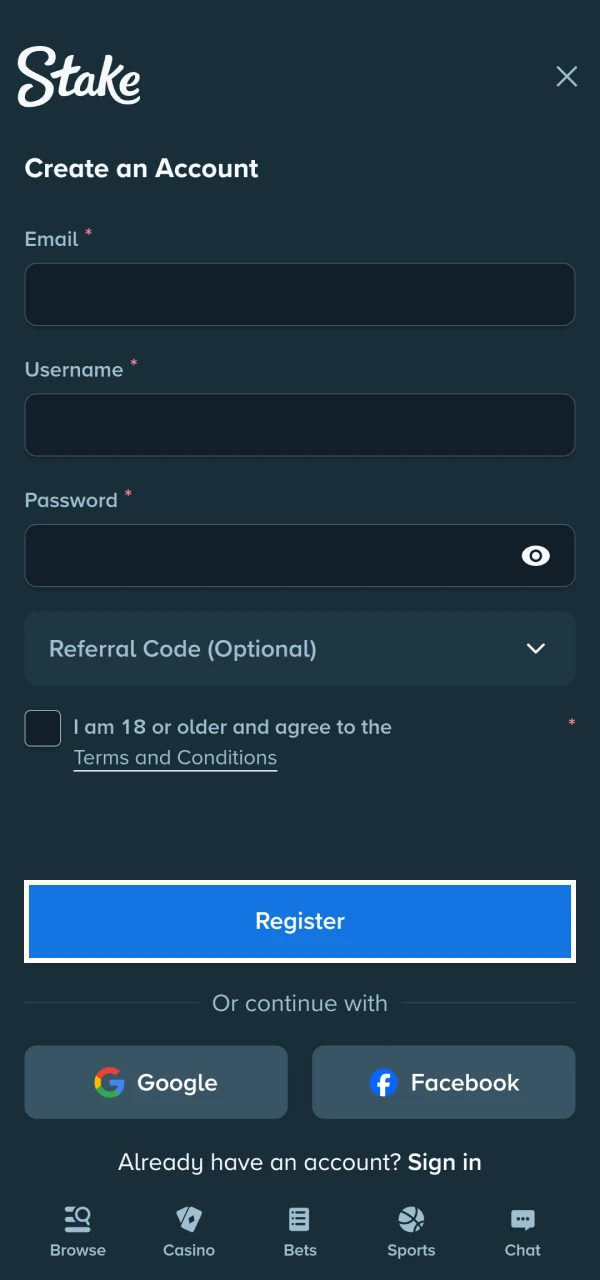 Registration form for a Stake account