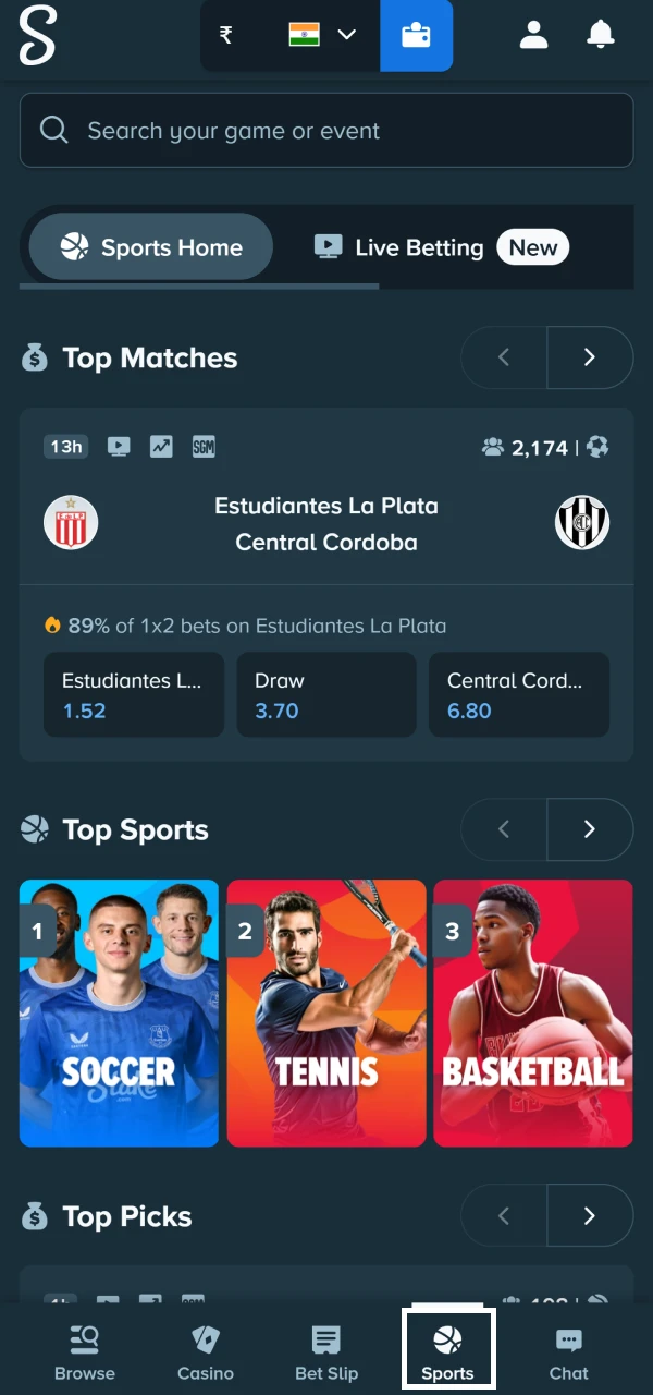 Sports event selection example