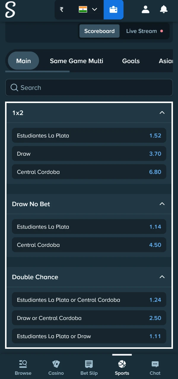 Sportsbook market selection example