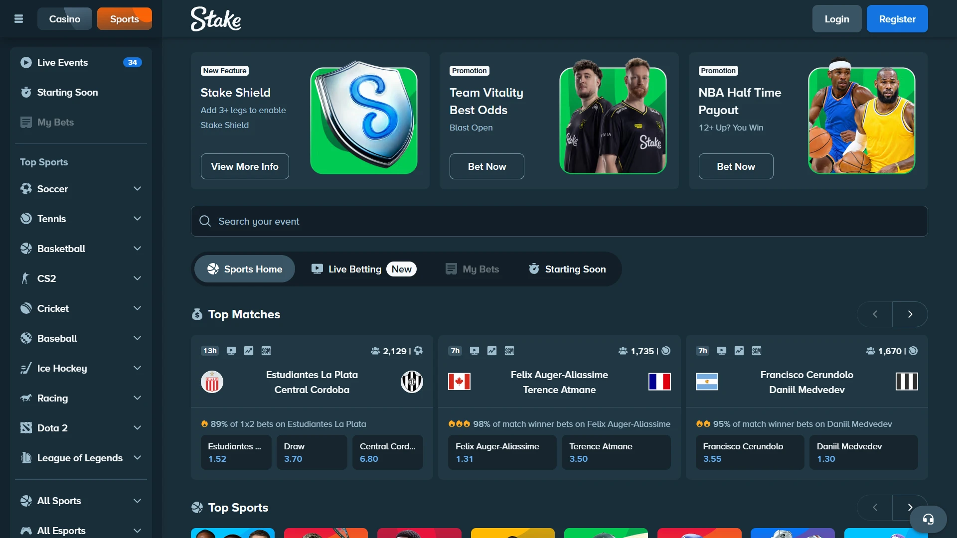 Stake sports navigation overview