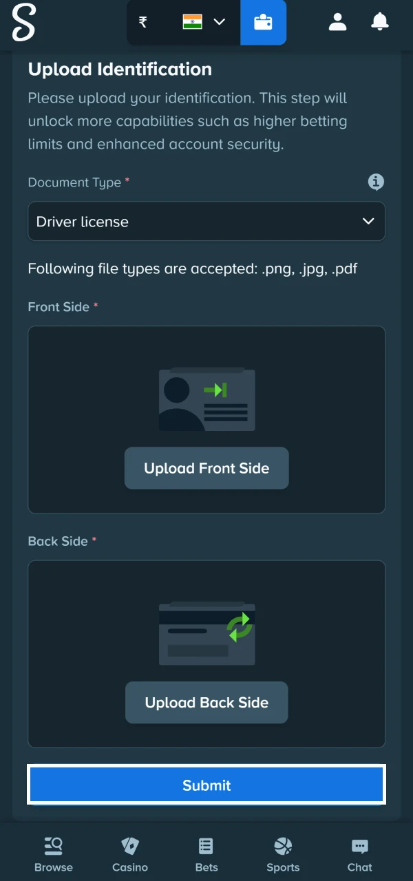 सत्यापन दस्तावेज़ अपलोड का उदाहरण