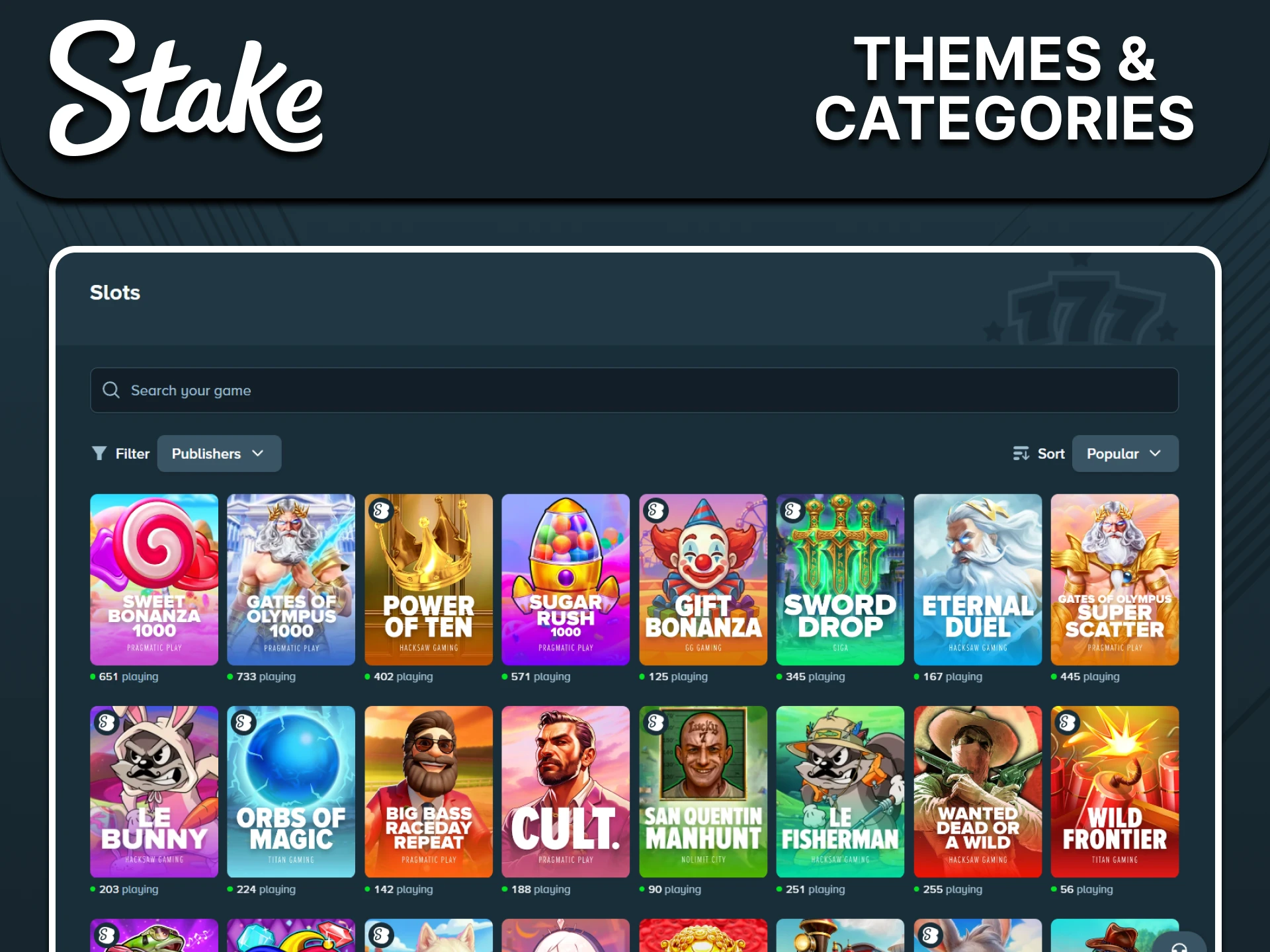 Slot category filters in the casino lobby