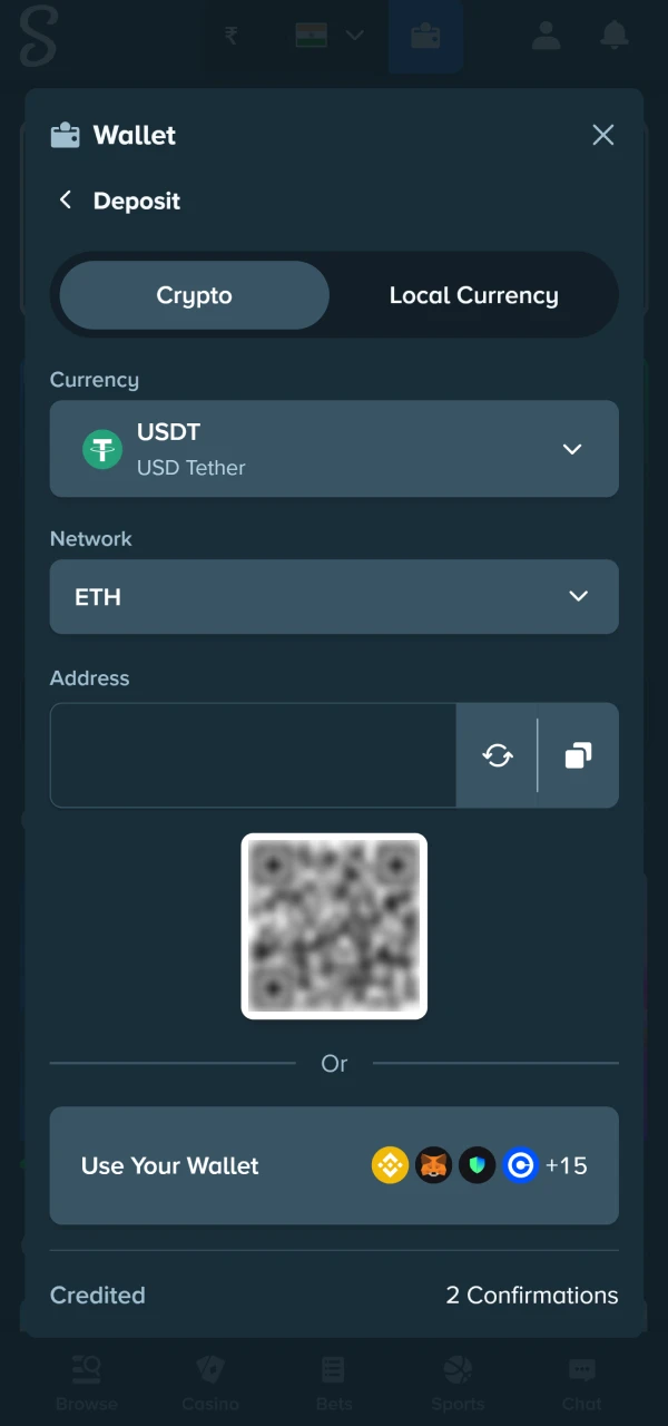 Wallet deposit screen for a casino account