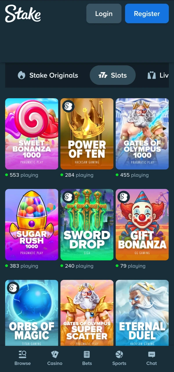 Stake slots lobby screenshot
