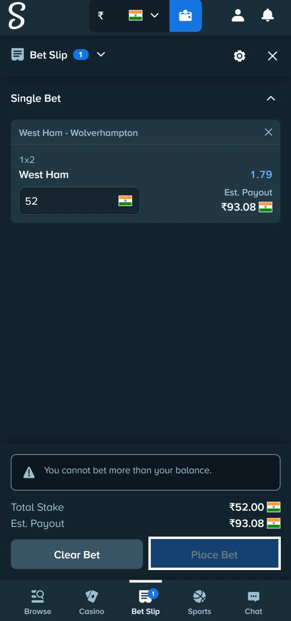 Stake bet confirmation screenshot