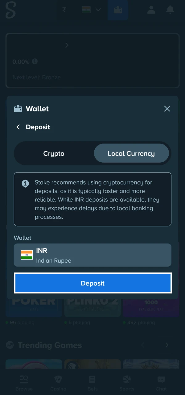 Stake deposit screen screenshot
