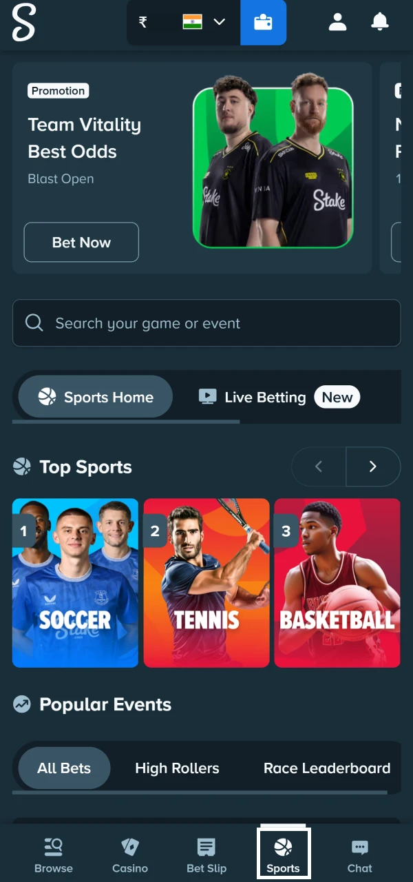 Stake event selection screenshot