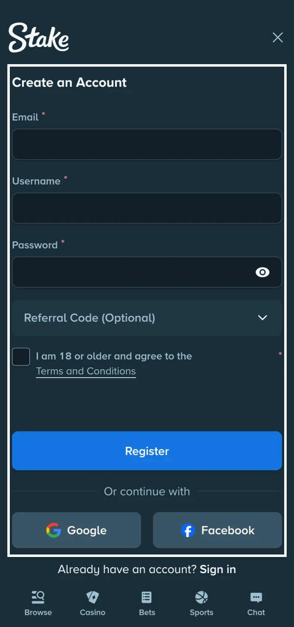 Stake registration form screenshot