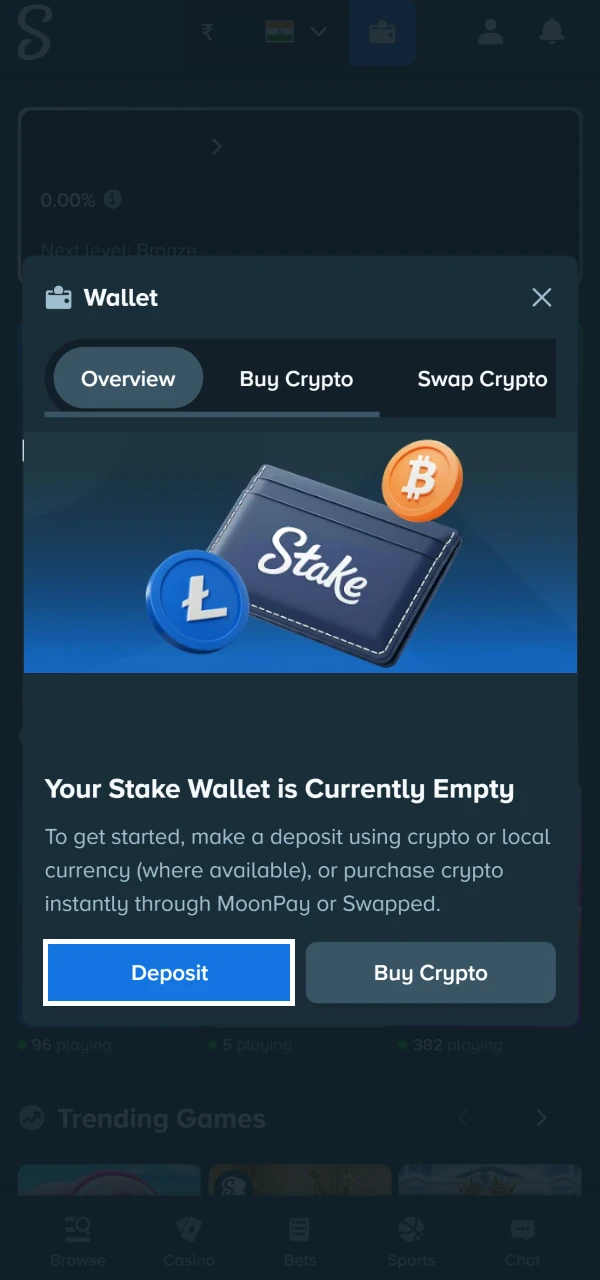 Stake wallet deposit screen in the VIP guide
