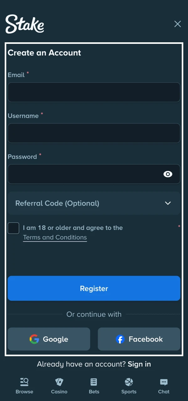 Stake account registration screen for the VIP guide