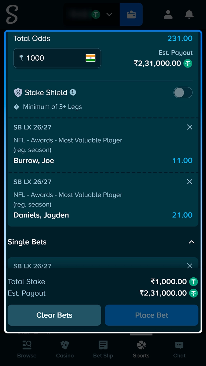 American football selection in the Stake bet slip