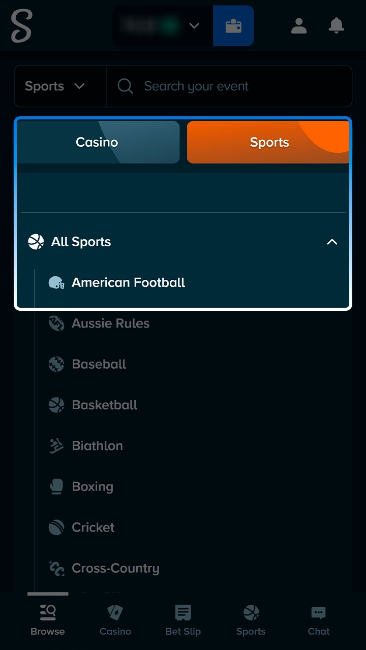 American football section in the Stake sports menu