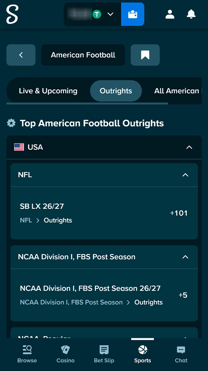 American football fixture selection on Stake