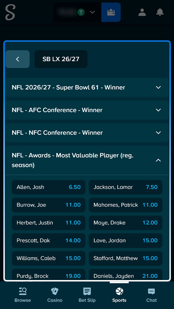 American football market selection on Stake