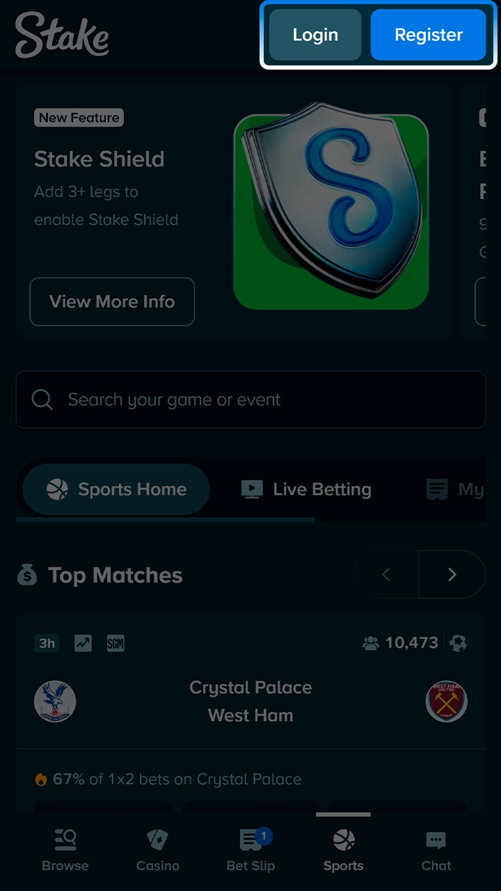 Stake account screen in the football guide