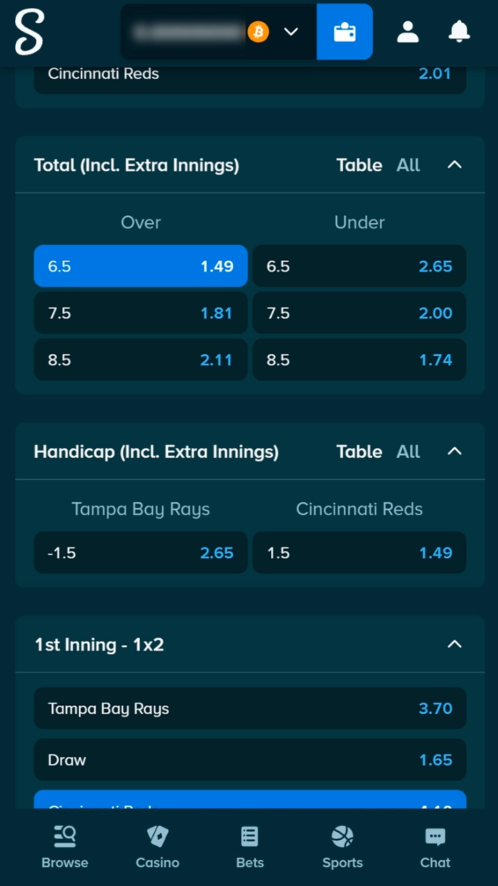 Baseball market selection on Stake