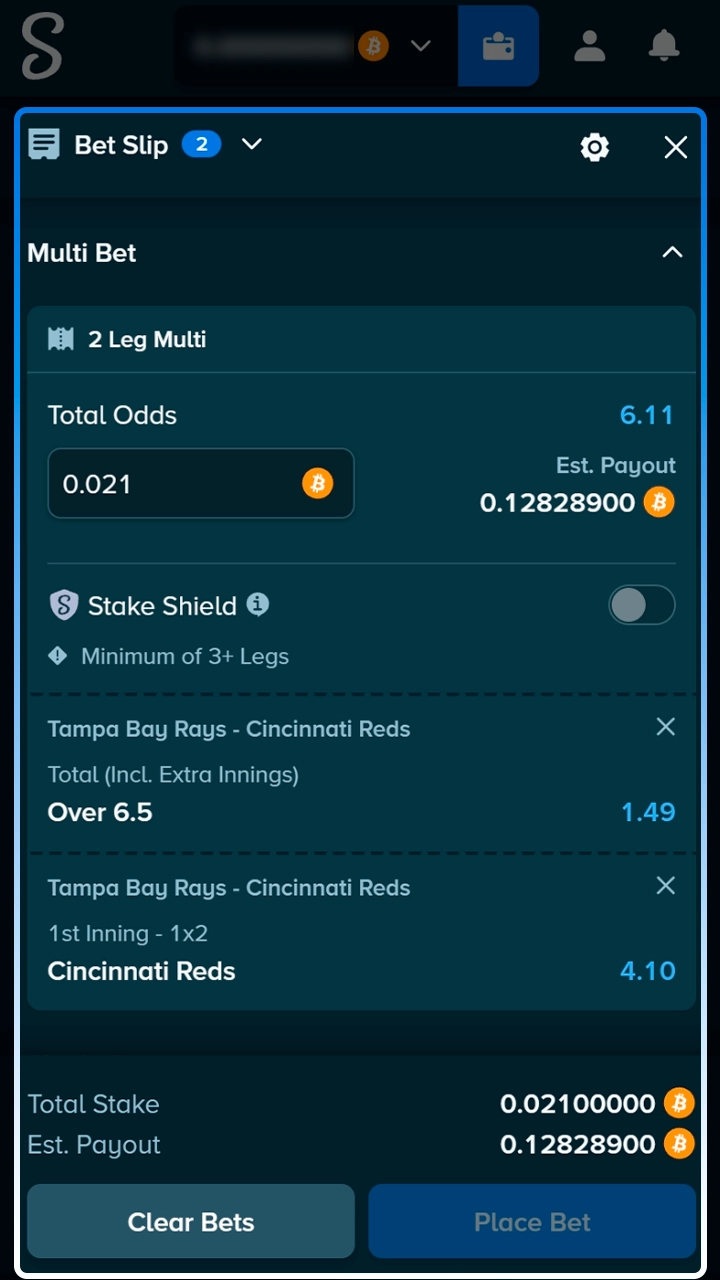 Baseball selection in the Stake bet slip