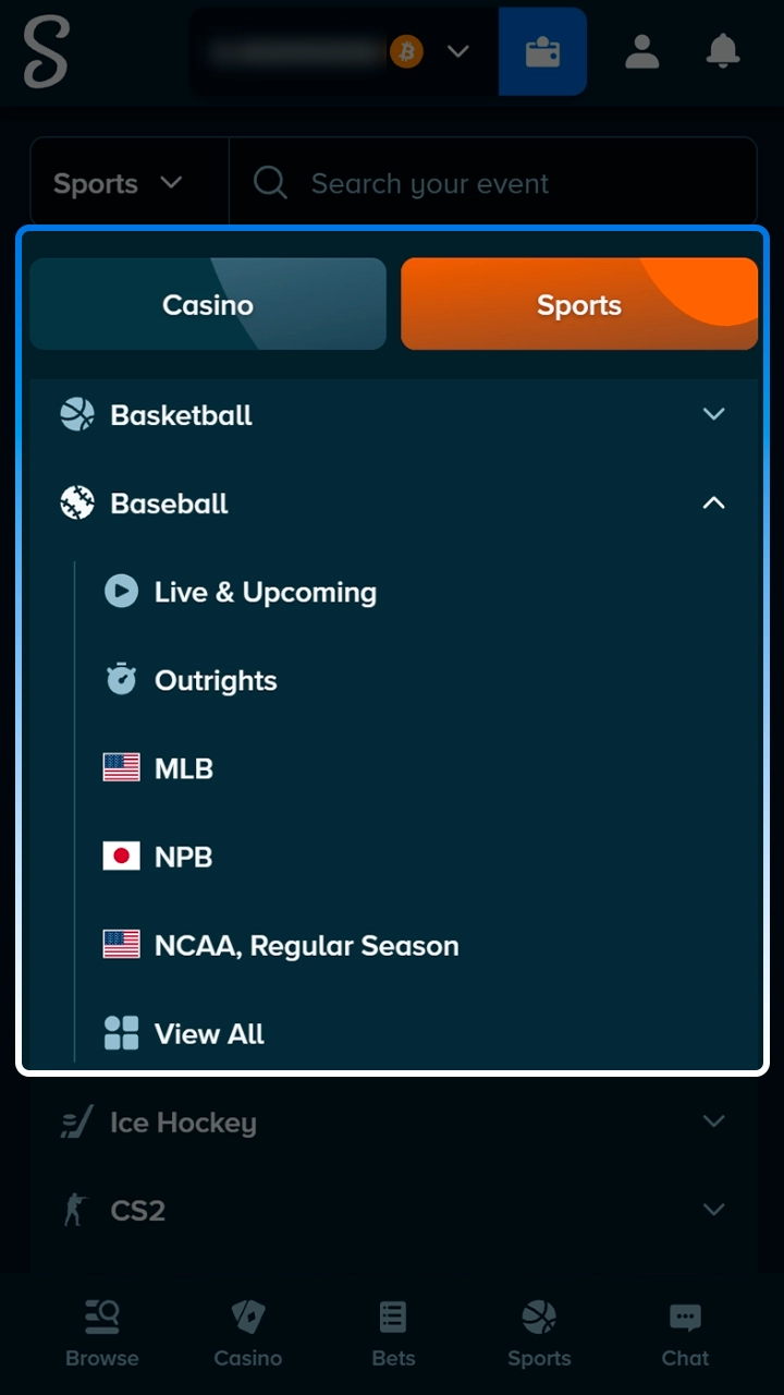 Baseball section in the Stake sports menu