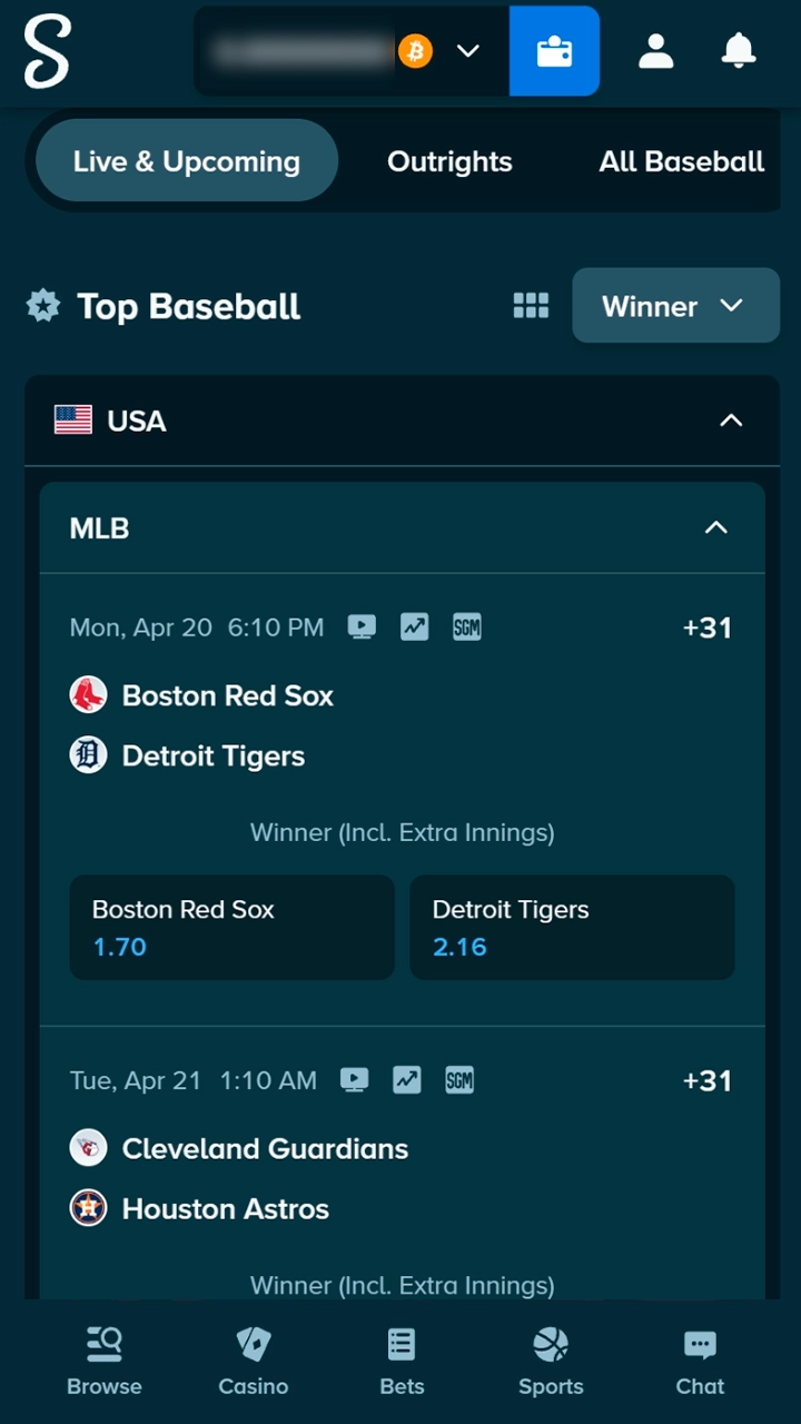 Baseball fixture selection on Stake