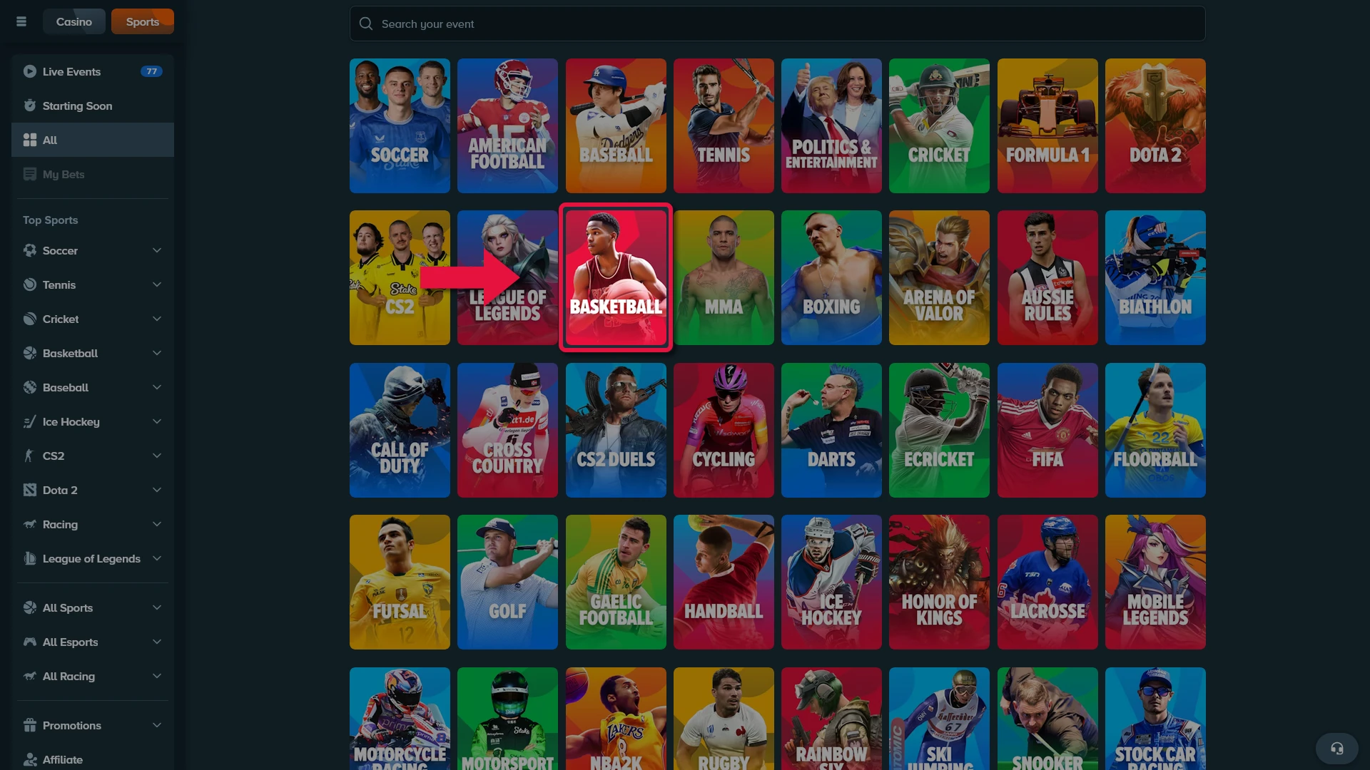 Basketball section in the Stake sports menu