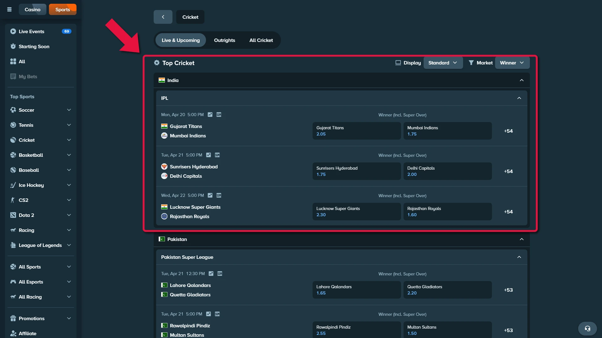 Stake cricket match selection screenshot