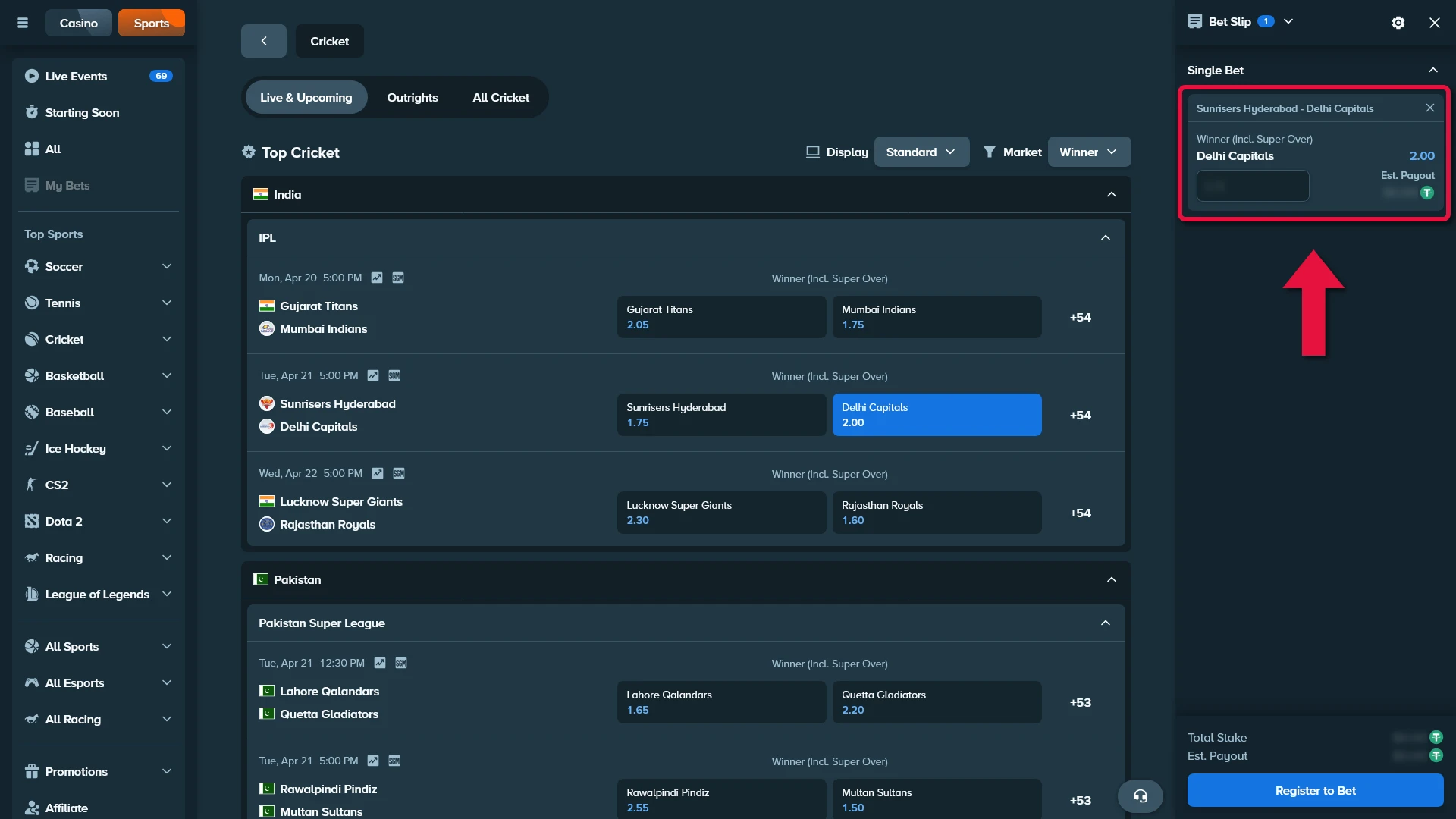 Stake cricket bet slip screenshot