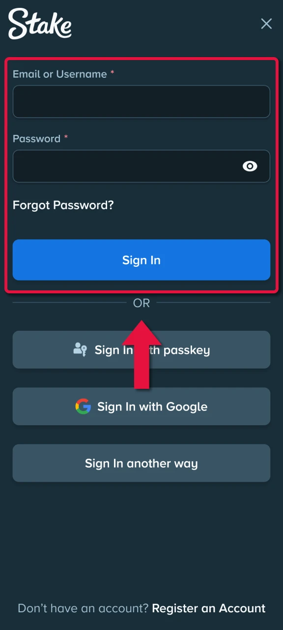 Stake mobile login screen example