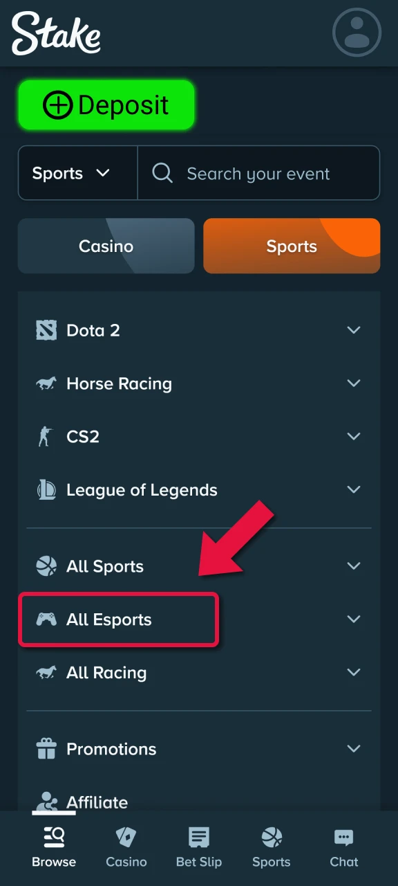 Stake mobile esports category example