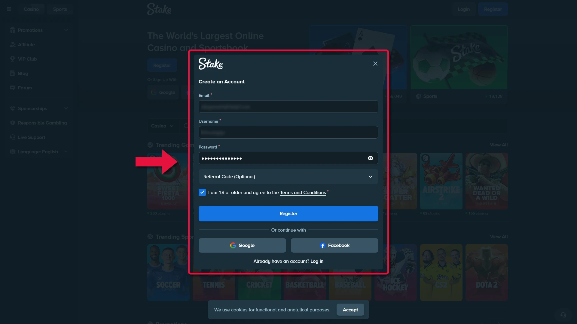 Stake account creation screen example