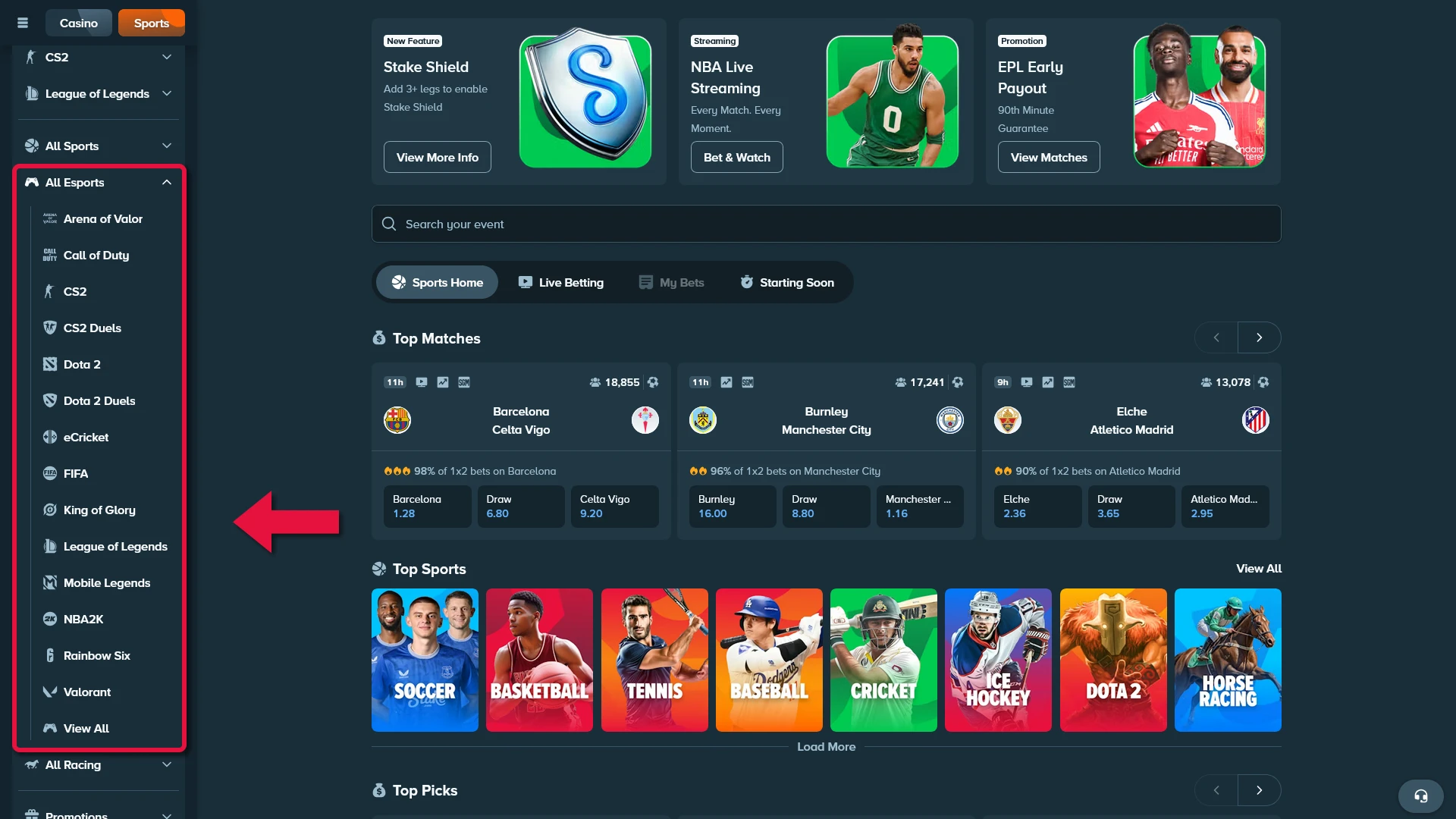 Stake esports category selection example
