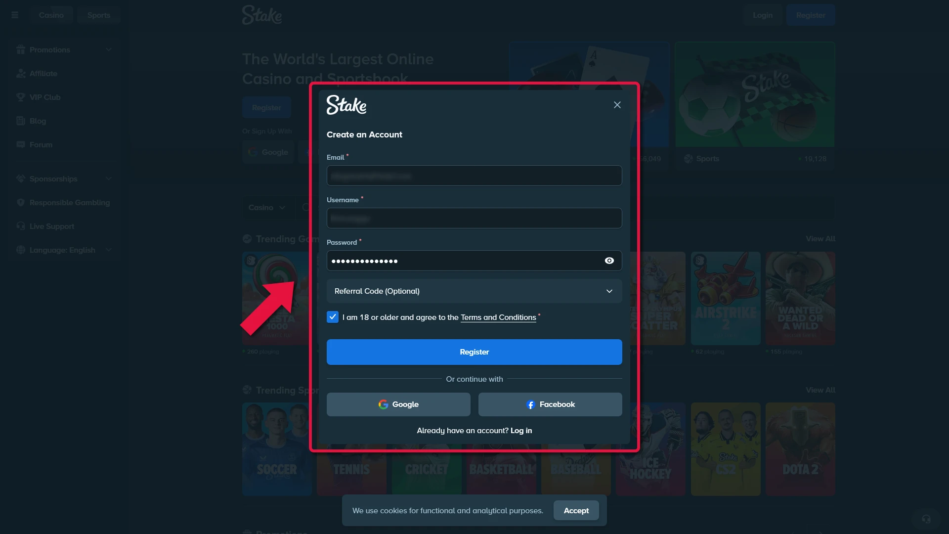 Stake registration screen for the F1 guide