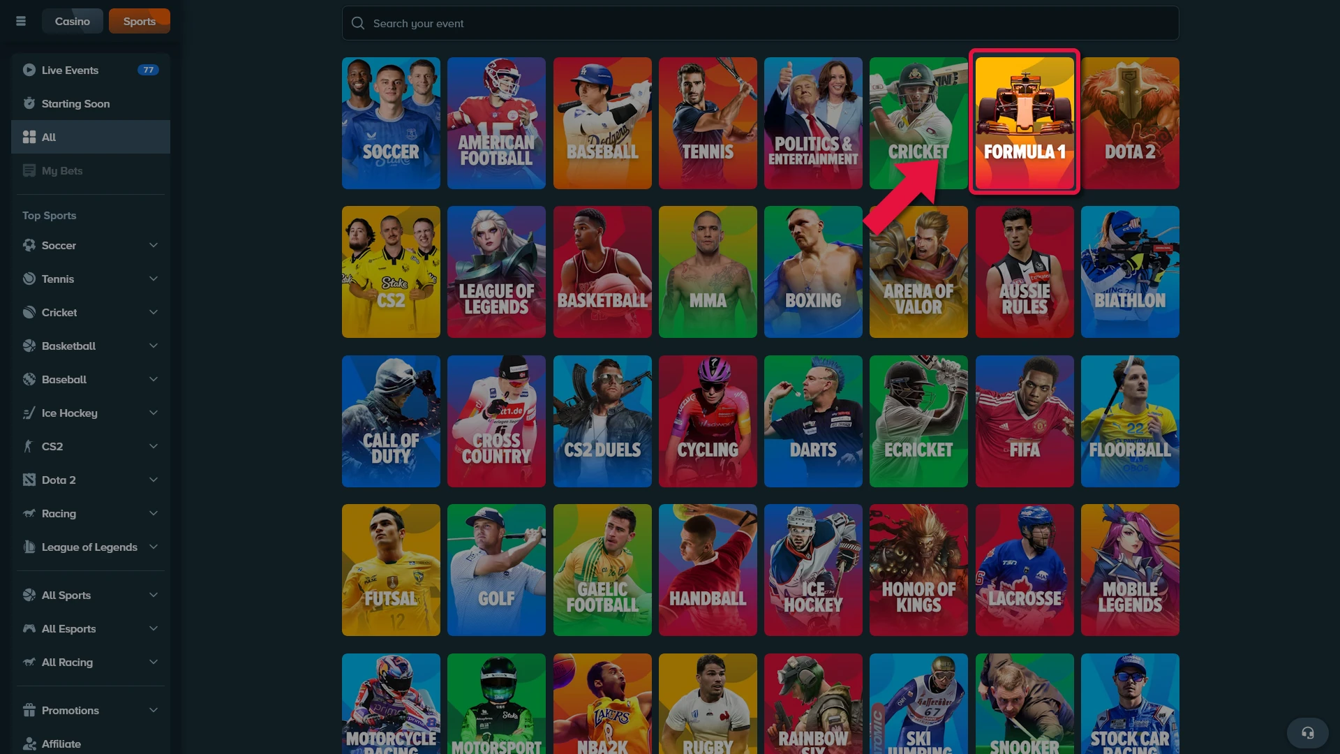 Formula 1 section in the Stake sports menu