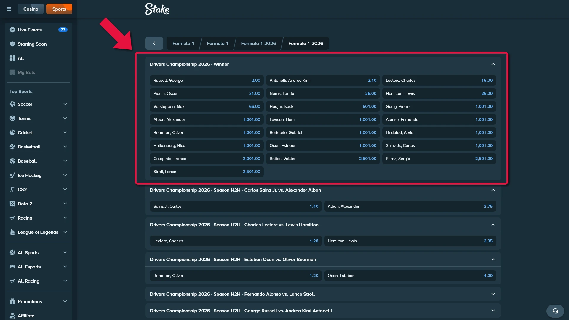 Formula 1 event markets on Stake