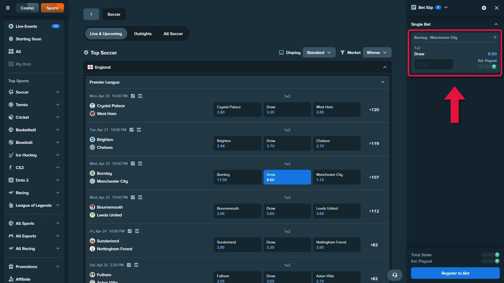 Stake football bet slip example