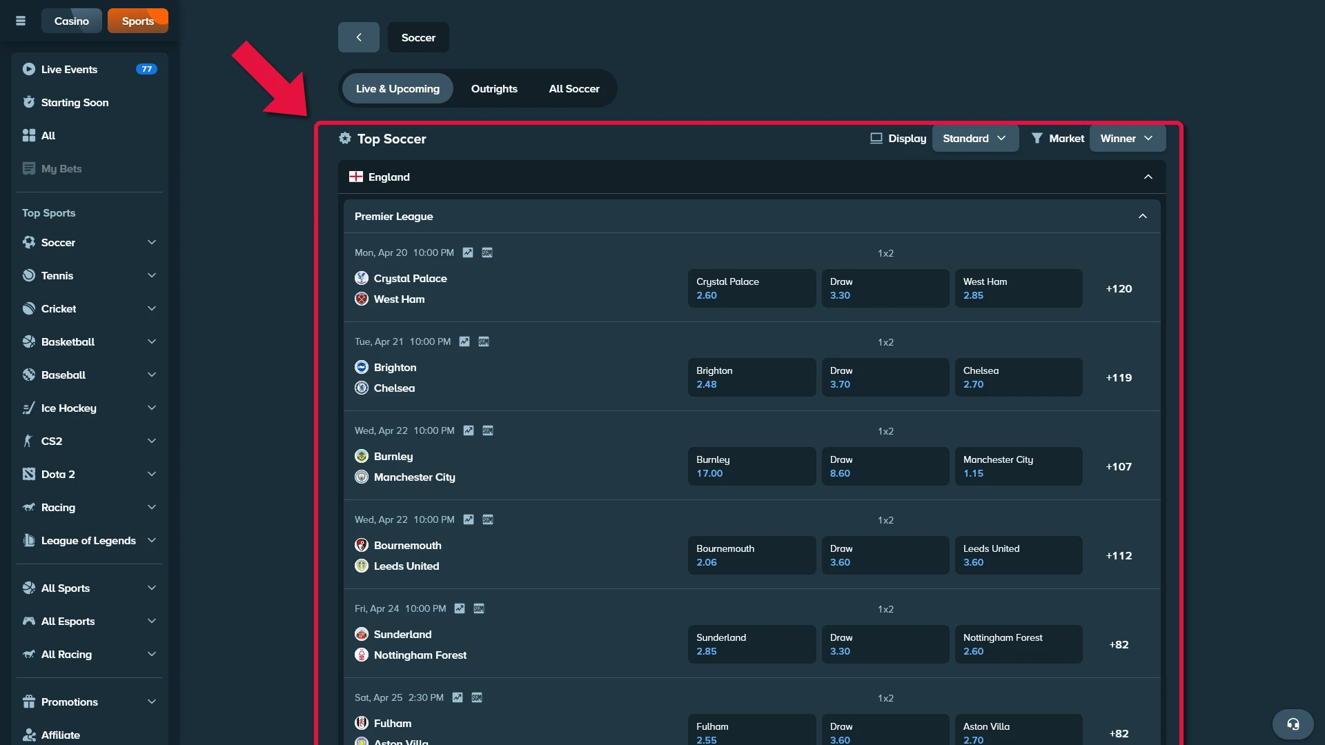 Stake football market selection example