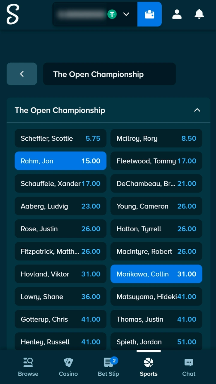 Golf market selection on Stake