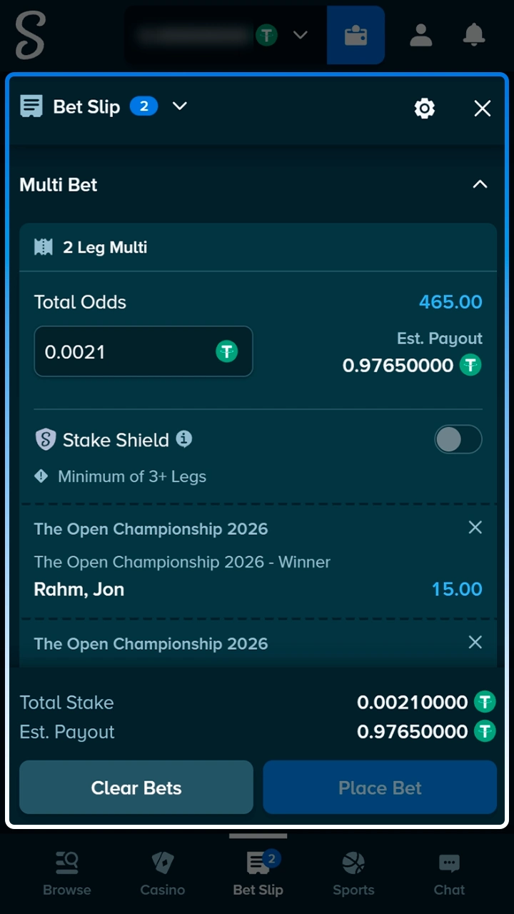 Golf selection in the Stake bet slip