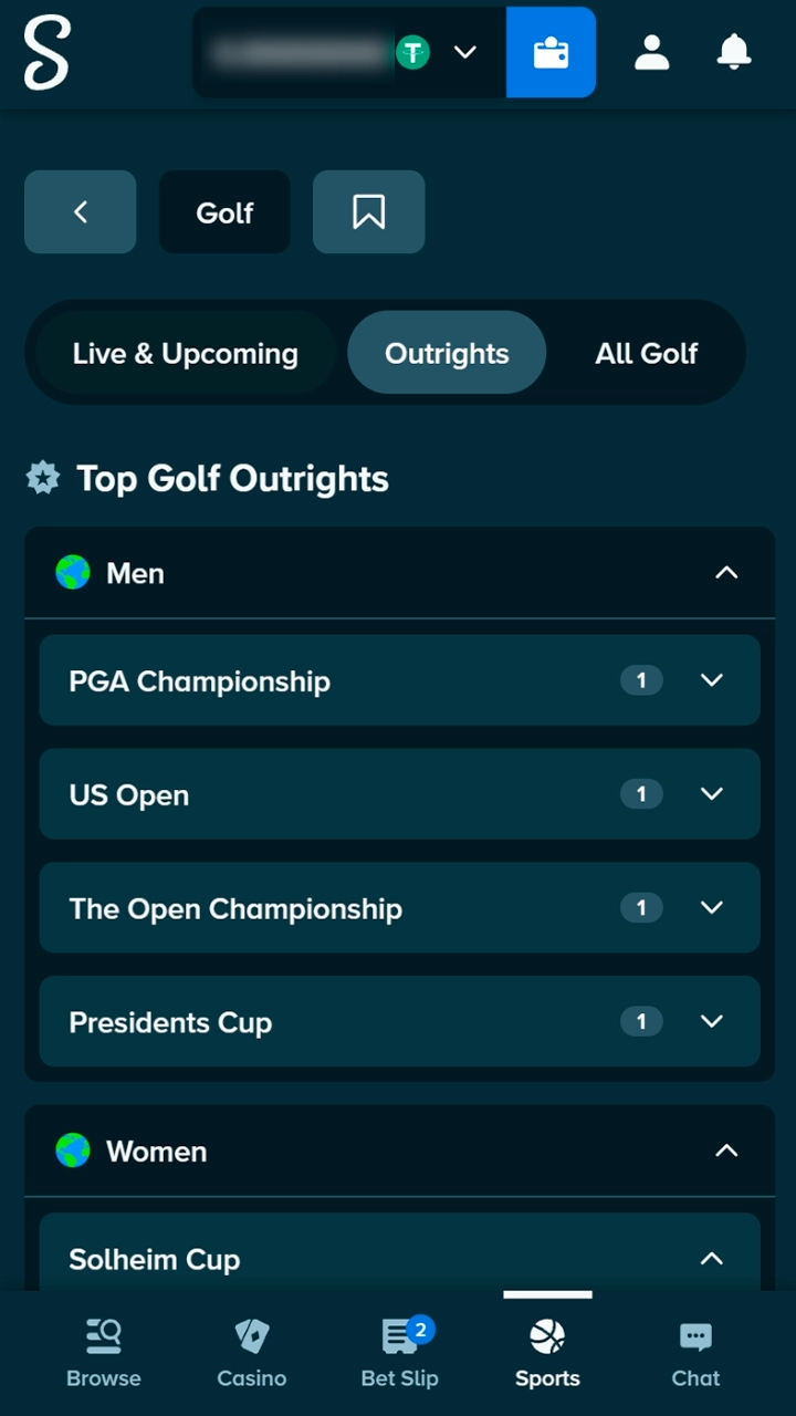 Golf section in the Stake sports menu