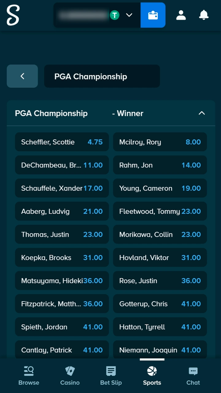 Golf tournament selection on Stake