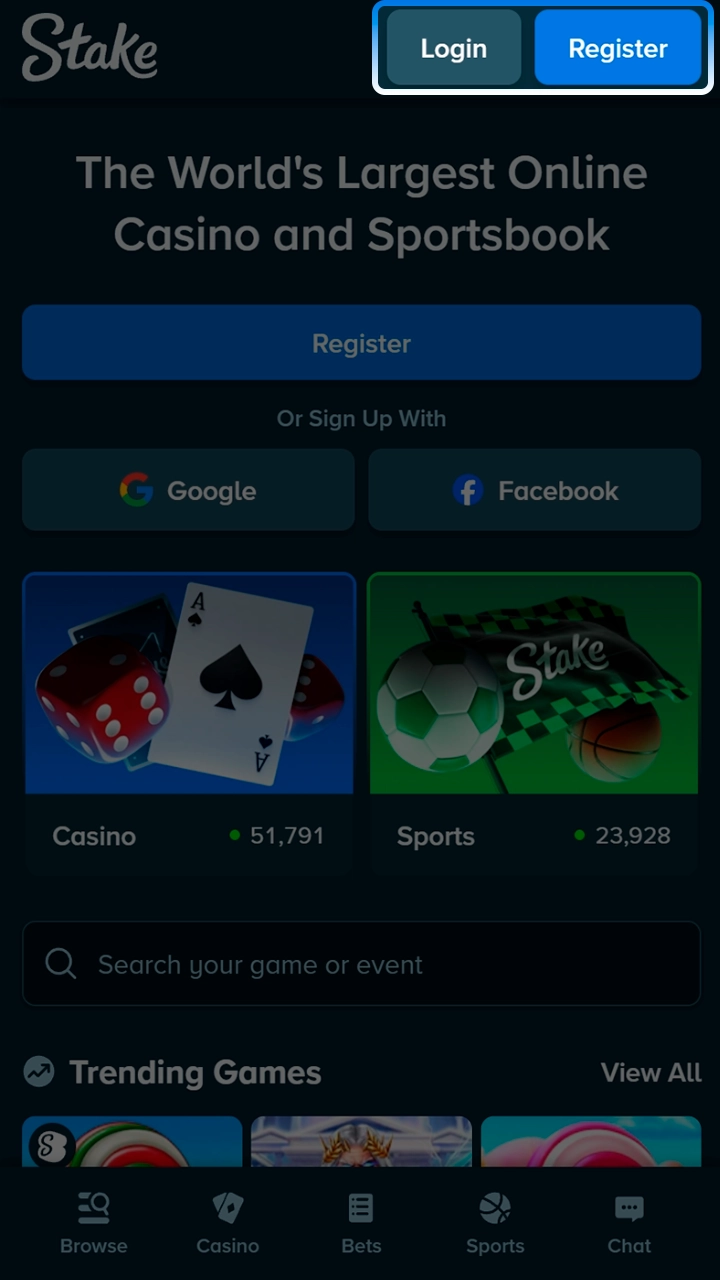 Stake account screen in the racing guide