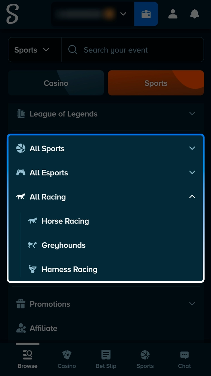 Stake sports navigation in the racing guide