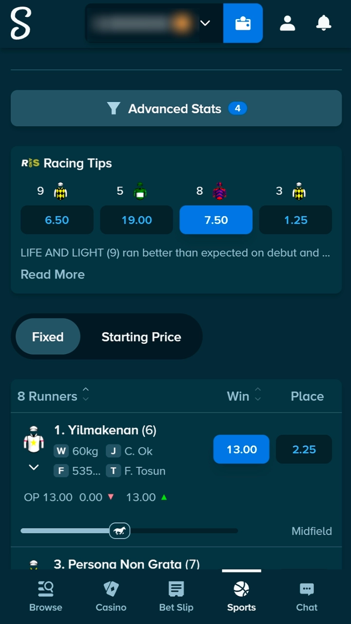 Horse racing market selection on Stake