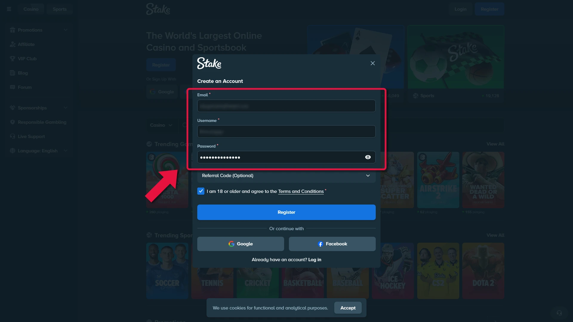 Stake registration screen in the MMA guide