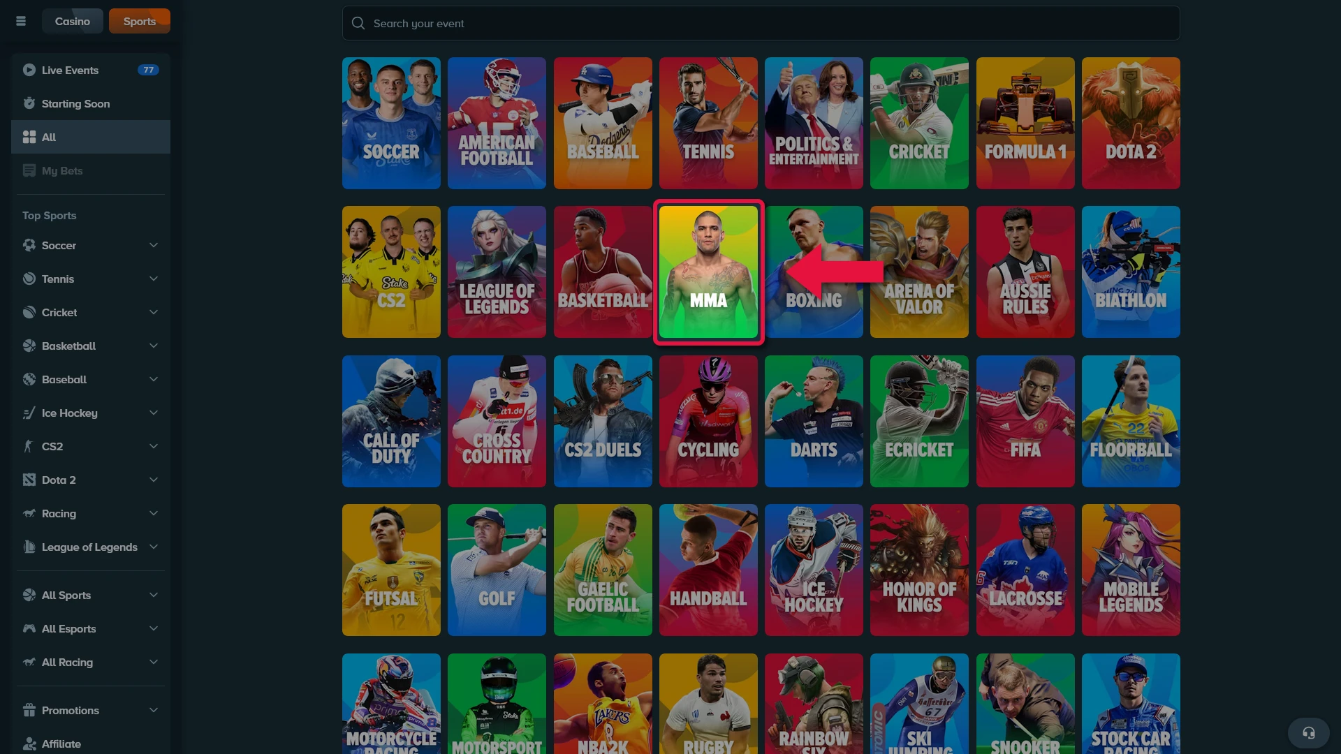 MMA section in the Stake sports menu
