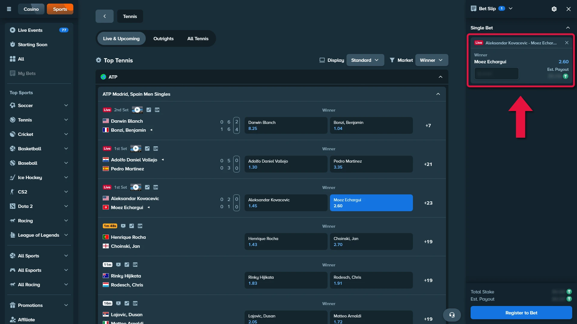 Tennis selection in the Stake bet slip
